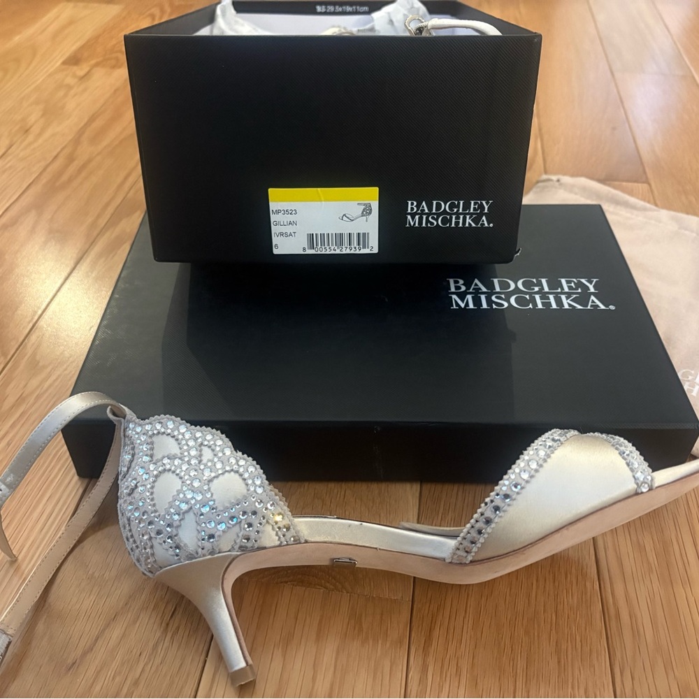 Badgley Mischka Pearl White Satin Crystal-Embellished Heels